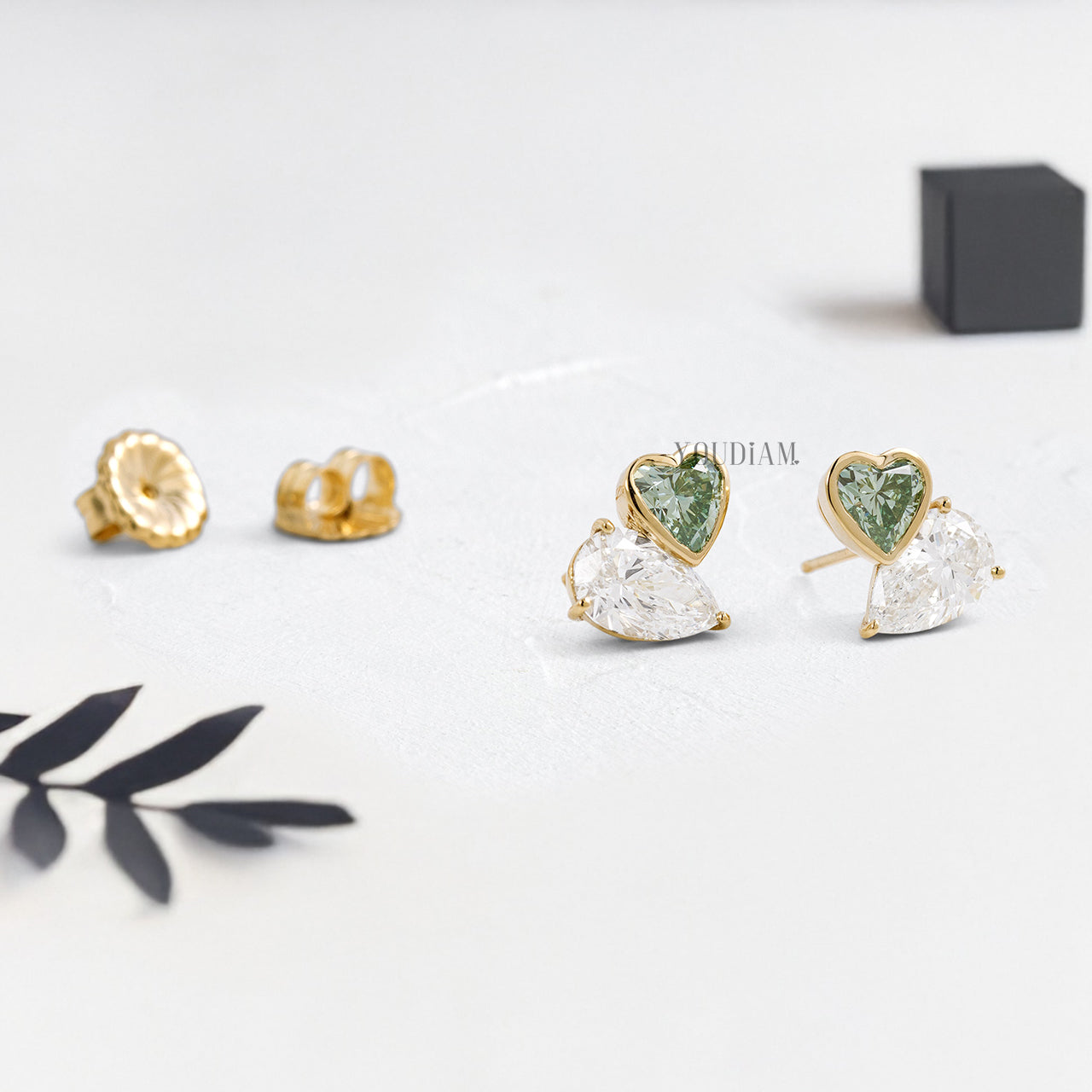Green Heart and White Pear Lab Diamond Studs in Overlap Style - YDJLE54