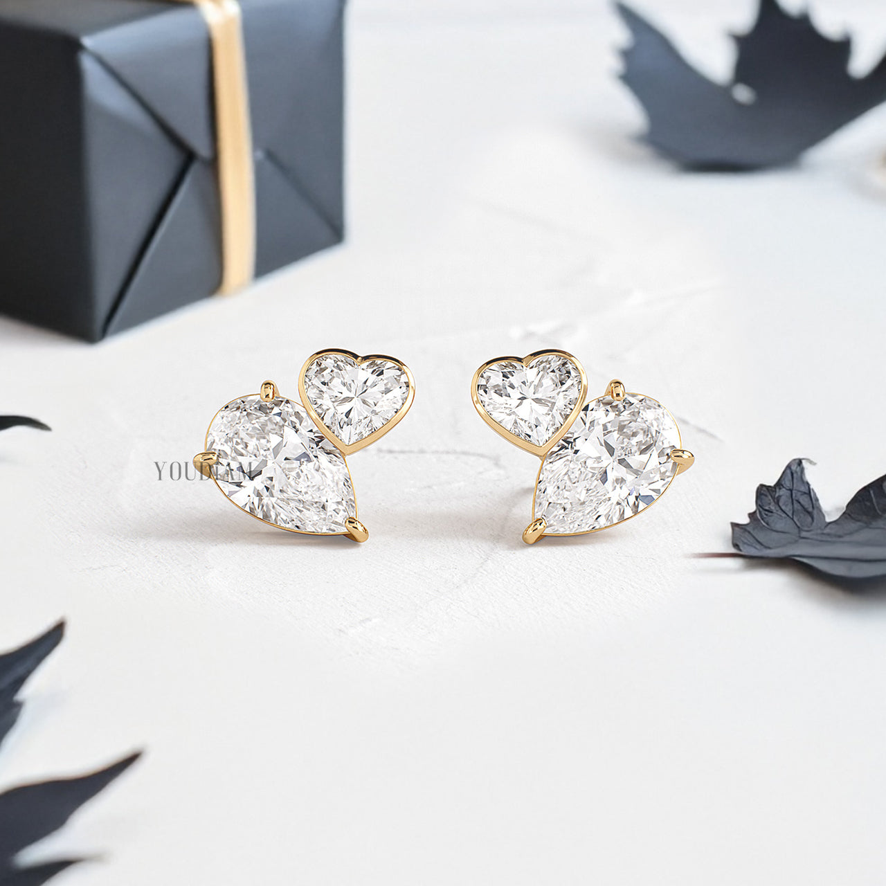 Heart and Pear Lab Diamond Studs in Overlap Style - YDJLE56