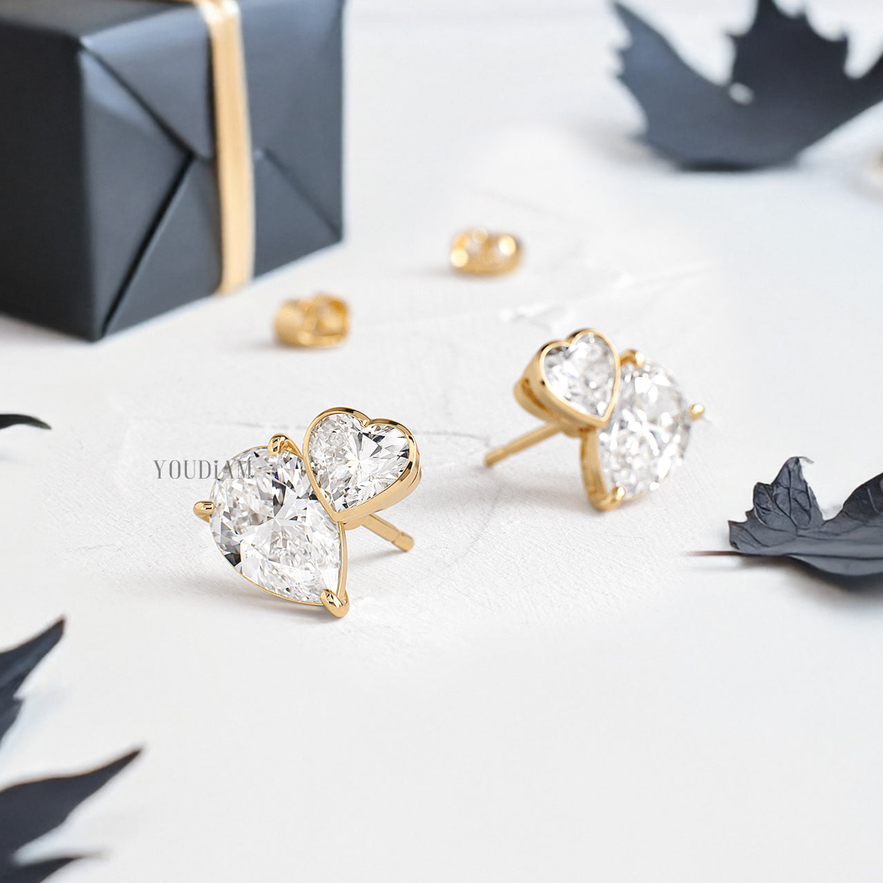 Heart and Pear Lab Diamond Studs in Overlap Style - YDJLE56