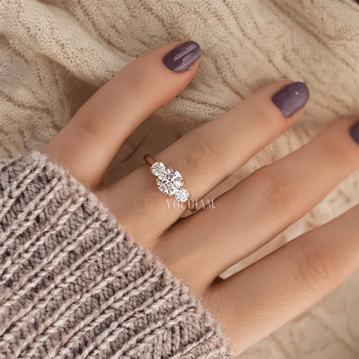 Lab Grown Round Trio Engagement Ring, Three Stone Round Cut Lab Grown Diamond