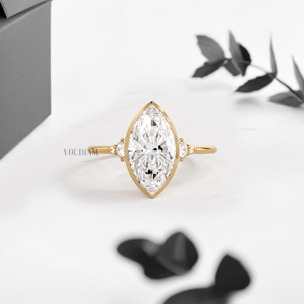 Marquise Lab Diamond in Bezel Setting with Accented Diamonds on Band Ring - YDJLR196