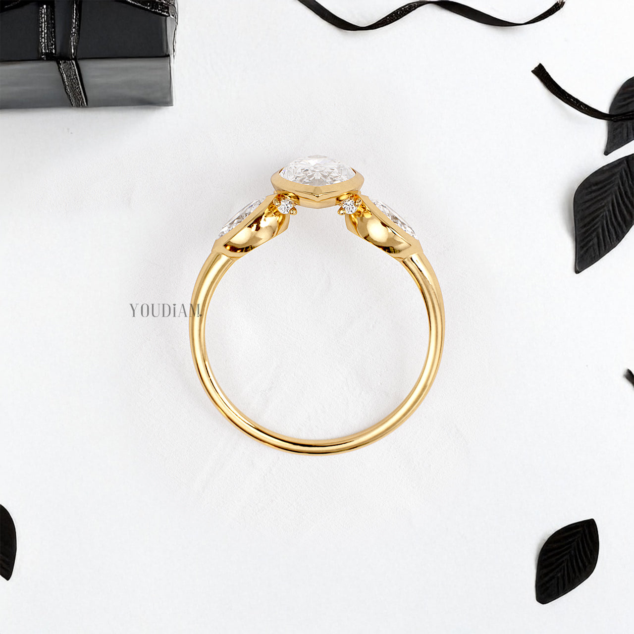 Marquise Lab Diamond with Accented Two Pears in Bezel Setting Ring - YDJLR191