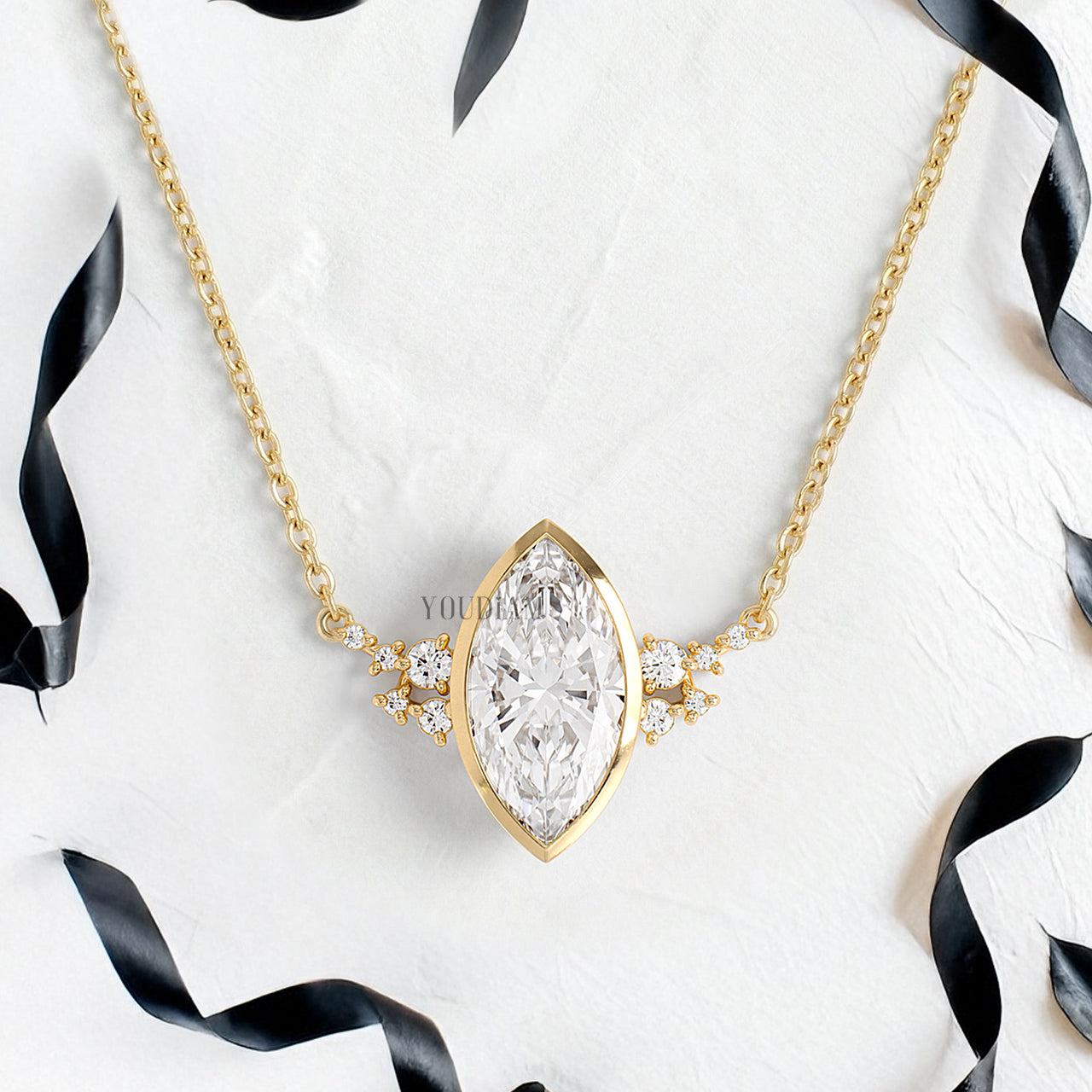 Marquise Lab Diamond Pendant in Bezel Setting with Accent Diamonds and Anchor Chain - YDJLP42