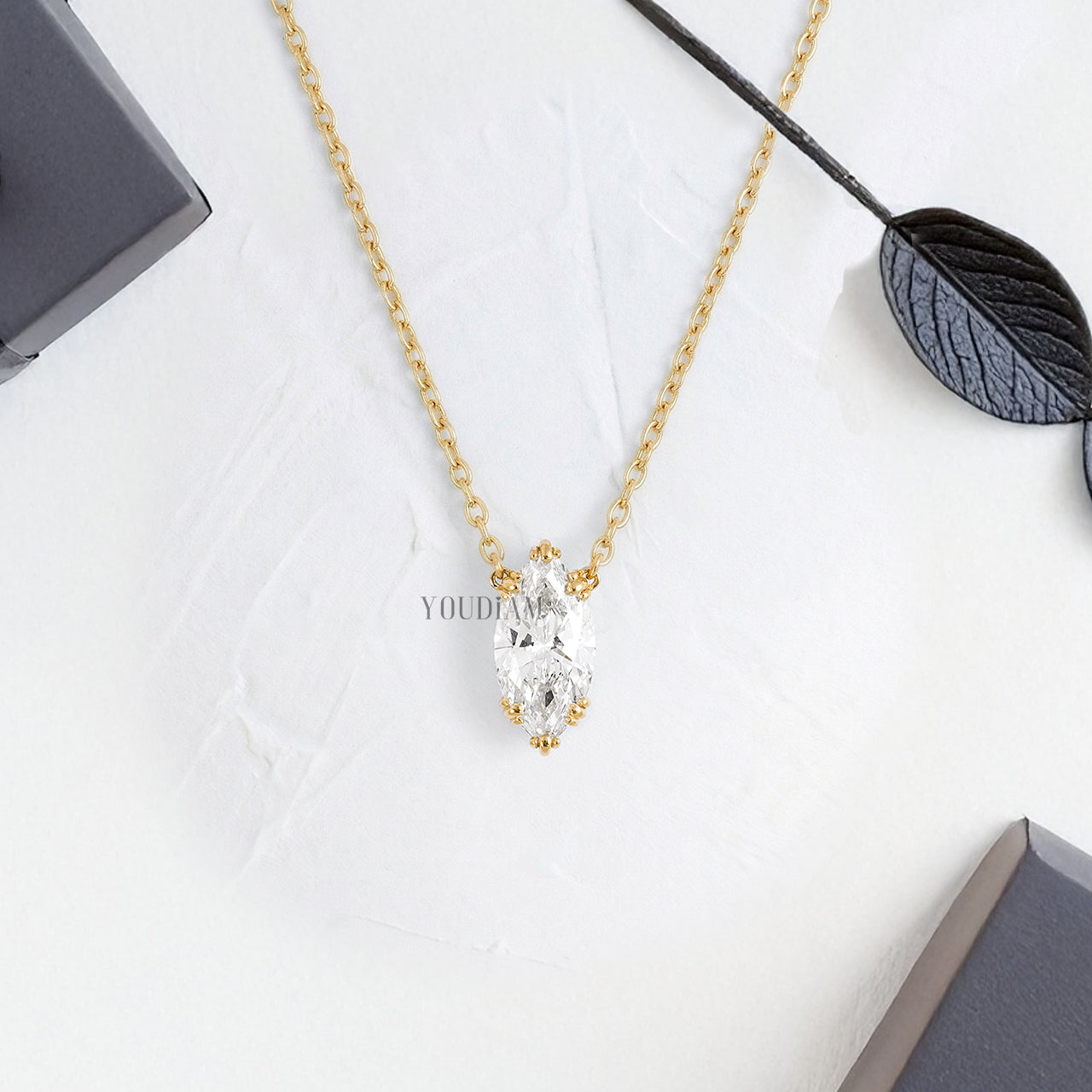 Marquise Lab Diamond Solitaire Pendant in Trio Prongs and Anchor Chain - YDJLP44