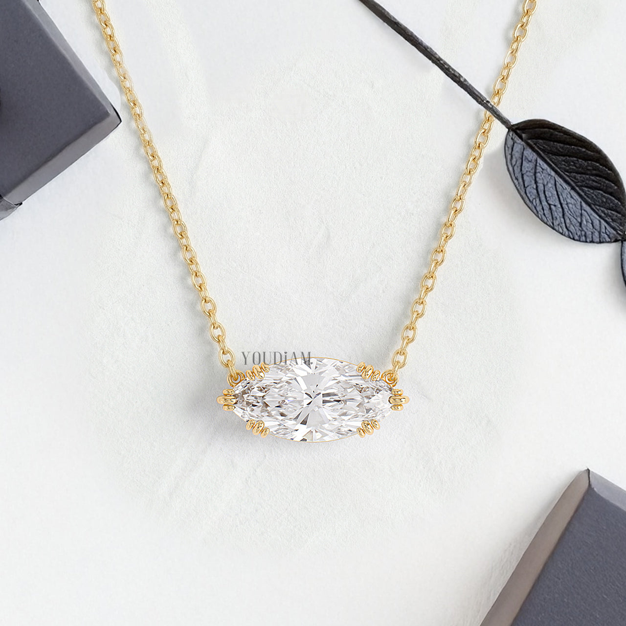 Marquise Lab Diamond Solitaire Pendant in Trio Prongs and Anchor Chain - YDJLP44