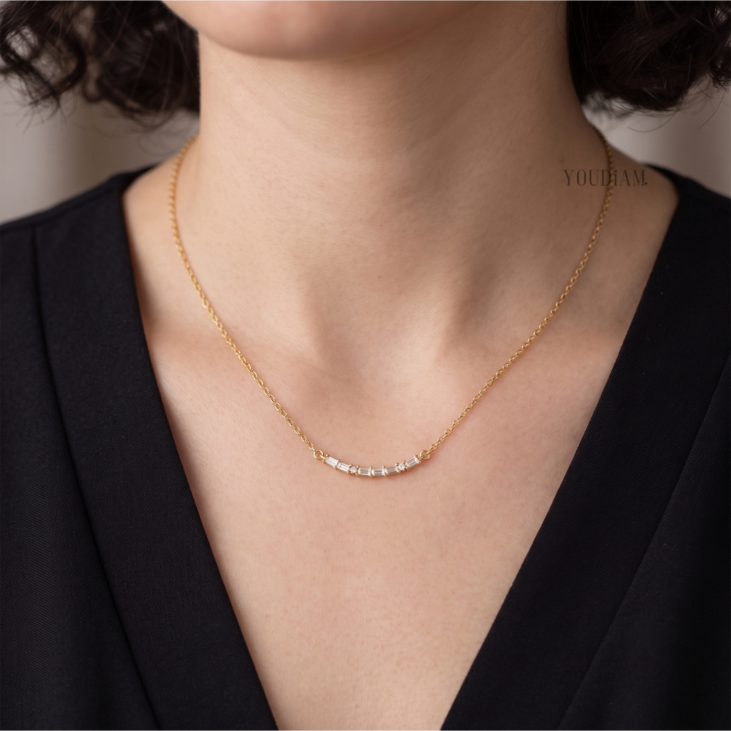 Mix of Six Baguette and Two Round Lab Diamonds Pendant and Anchor Chain - YDJLP02