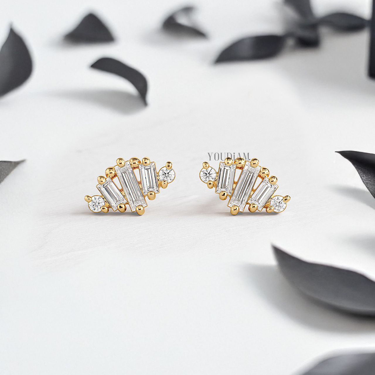 Mix of Tiny Round and Baguette Lab Diamonds Studs Earrings - YDJLE13