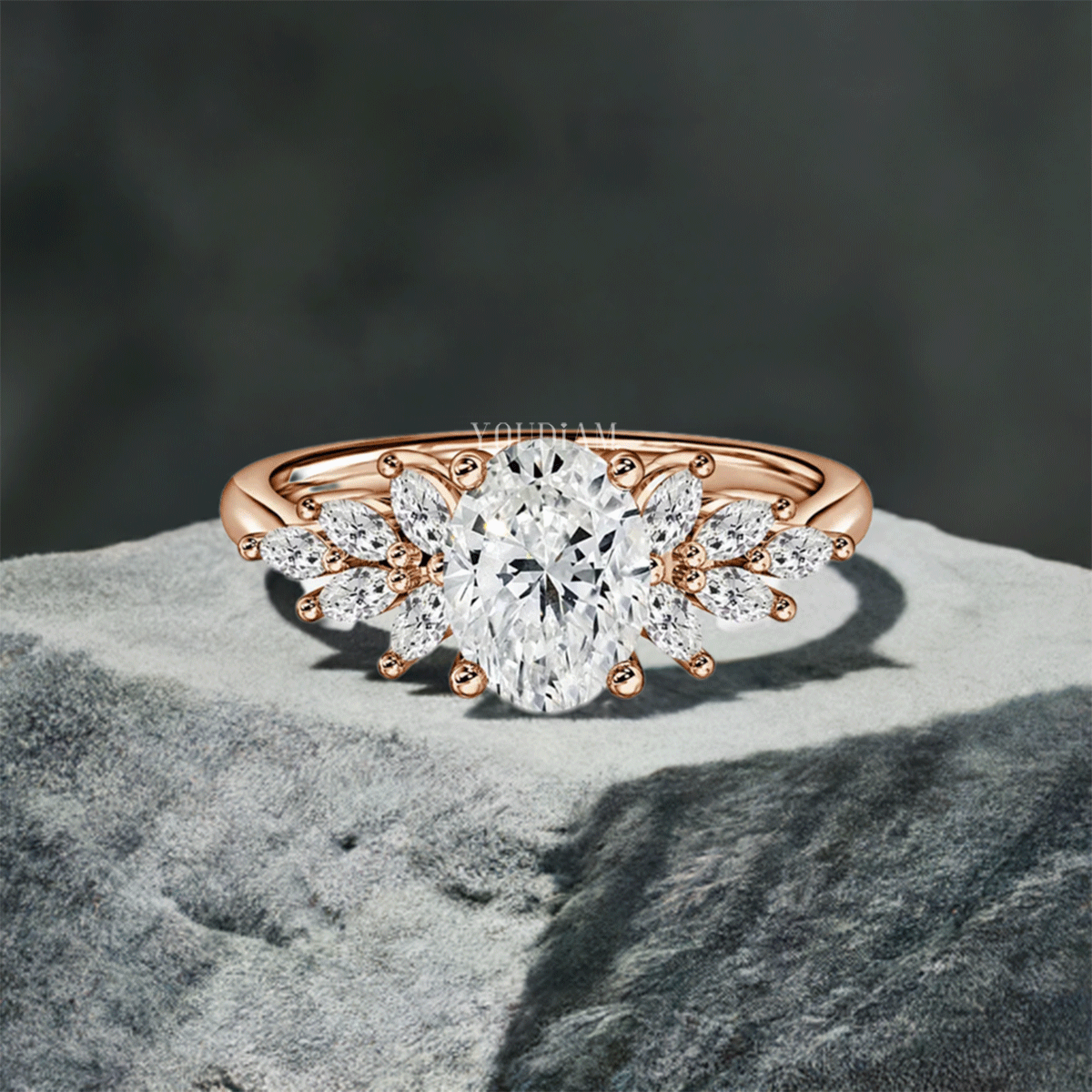 Oval Cluster With Marquise Trilogy Engagement Ring