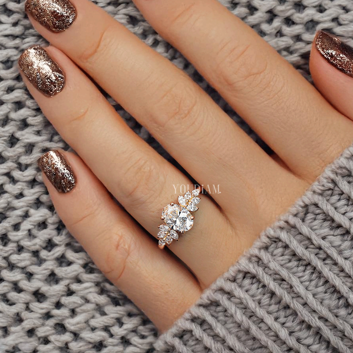 Oval Cluster With Marquise Trilogy Engagement Ring