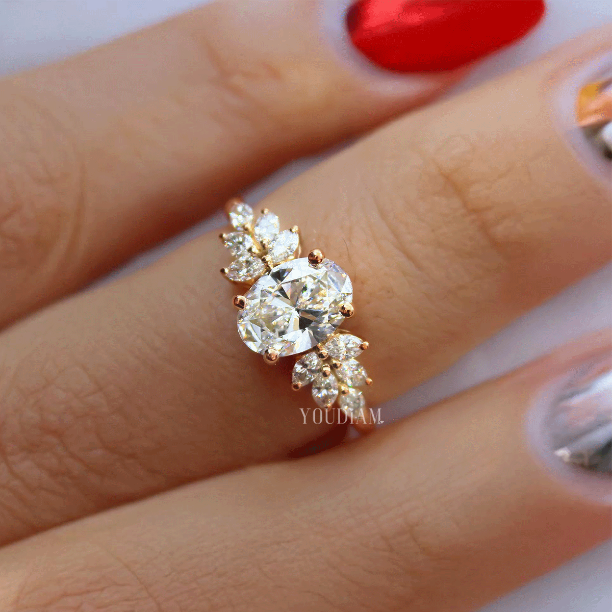 Oval Cluster With Marquise Trilogy Engagement Ring