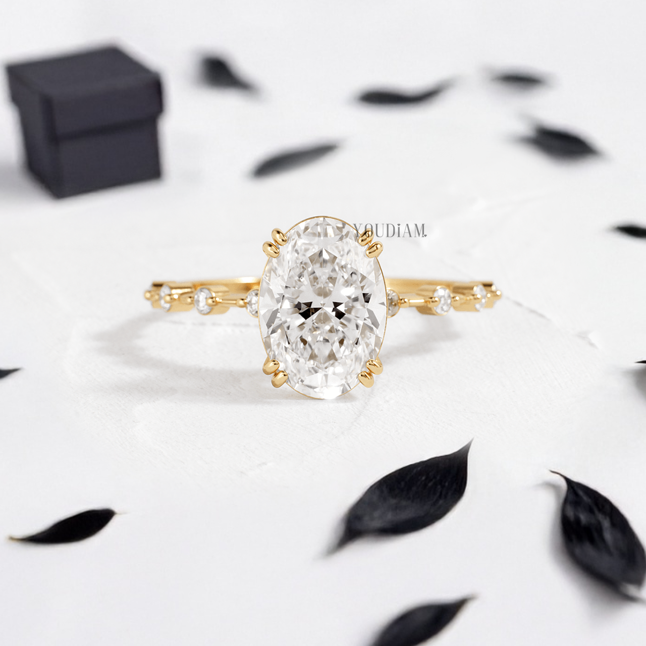 Oval Lab Diamond in Double-Prongs and Distance Diamonds on Band Ring - YDJLR148