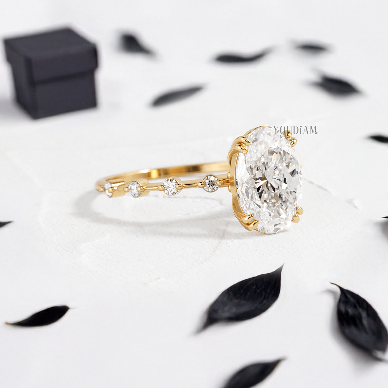 Oval Lab Diamond in Double-Prongs and Distance Diamonds on Band Ring - YDJLR148