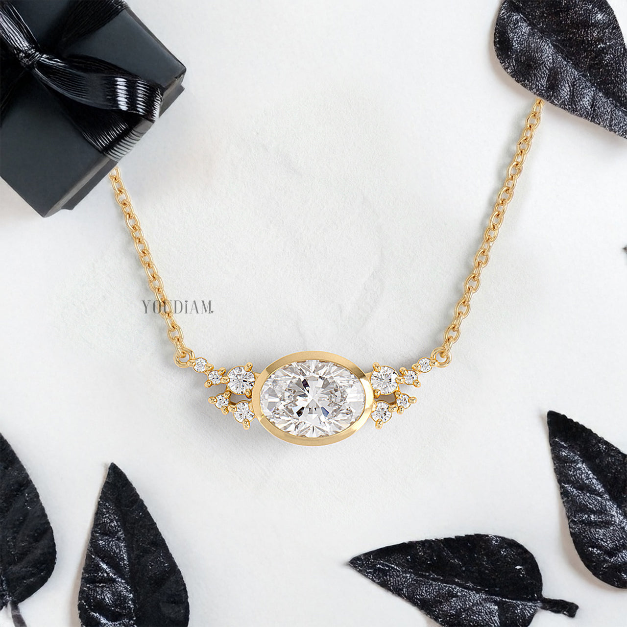 Oval Lab Diamond Pendant in Bezel Setting with Accent Diamonds and Anchor Chain - YDJLP35