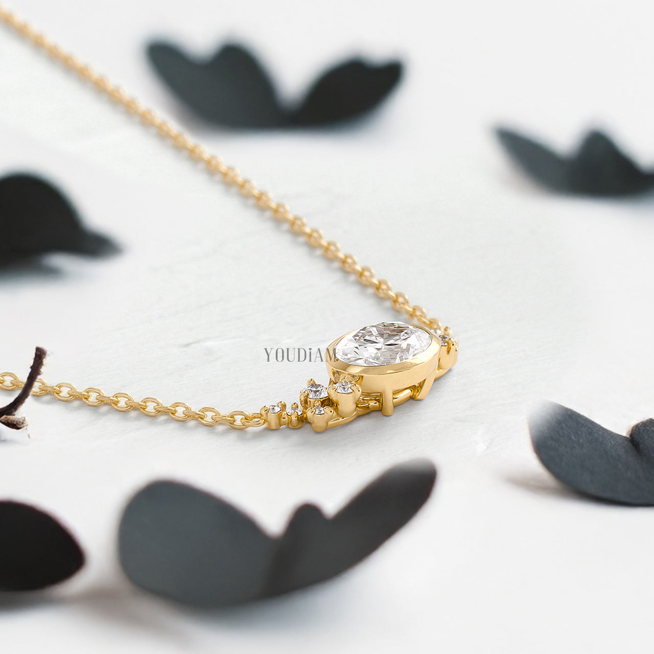 Oval Lab Diamond Pendant in Bezel Setting with Accent Diamonds and Anchor Chain - YDJLP35