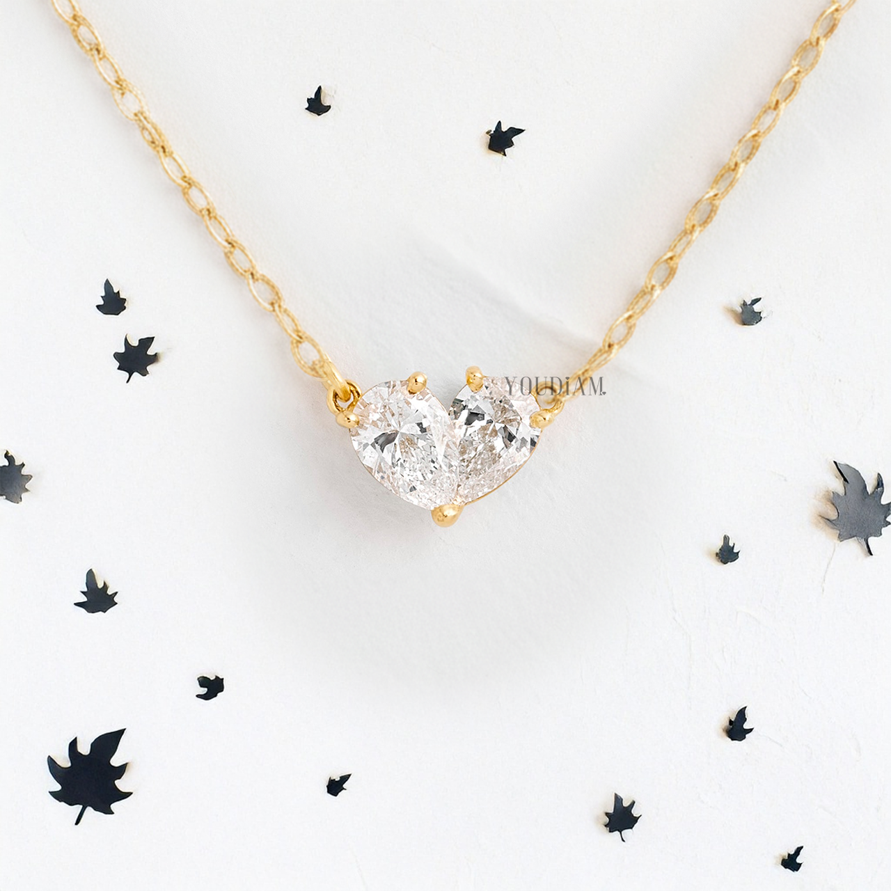 Overlap Two Pear Lab Diamonds Pendant in Heart Shape and Anchor Chain - YDJLP14