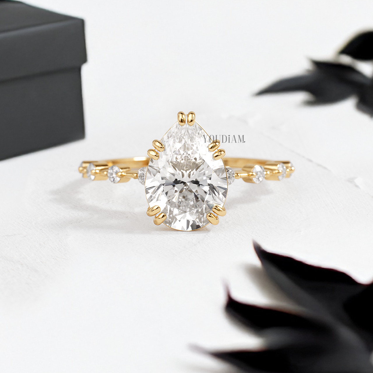 Pear Lab Diamond in Double-Prongs and Distance Diamonds on Band Ring - YDJLR149