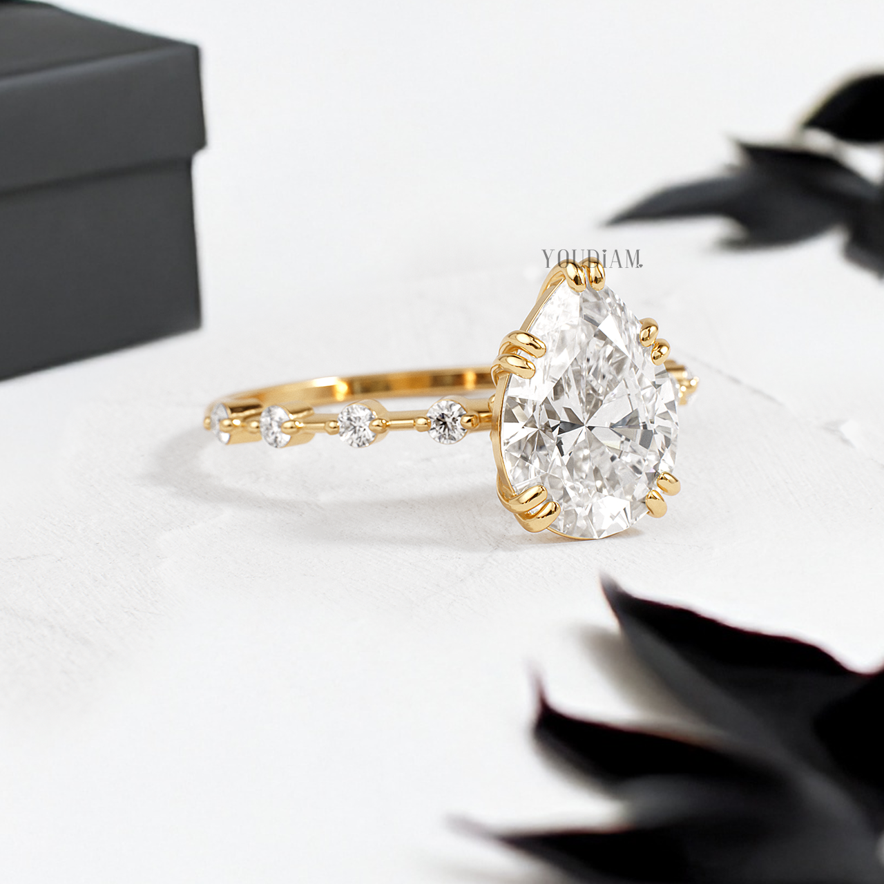 Pear Lab Diamond in Double-Prongs and Distance Diamonds on Band Ring - YDJLR149