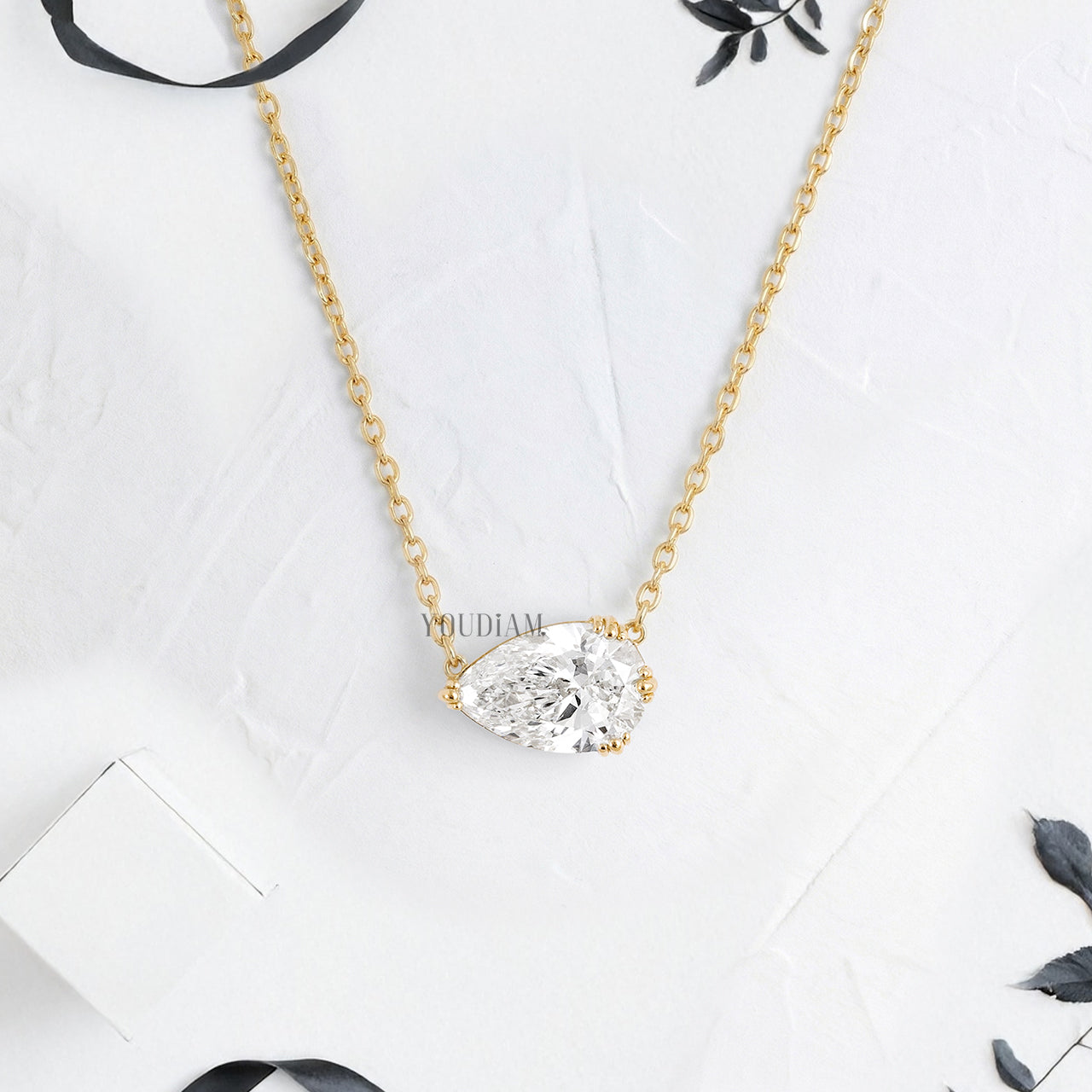 Pear Lab Diamond Solitaire Pendant in Trio Prongs and Anchor Chain - YDJLP45