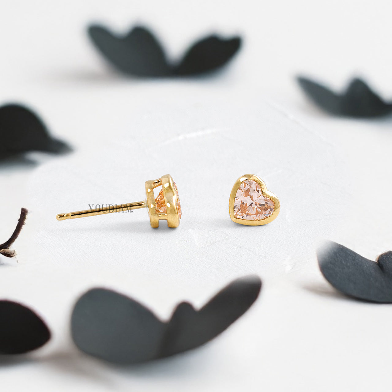 Pink Heart Cut Lab Diamond Stud Earrings in Bezel Setting - YDJLE50