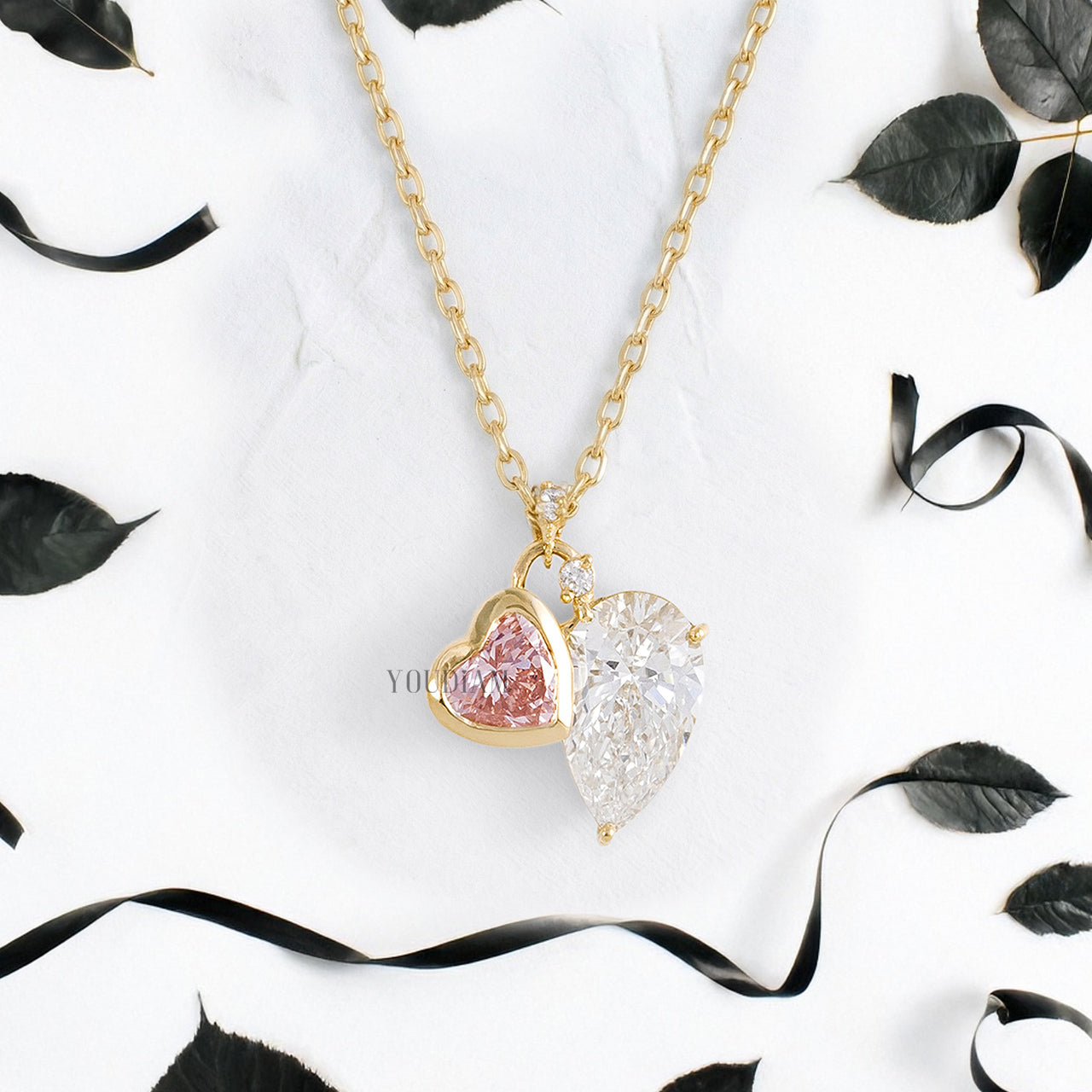 Pink Heart and Pear Cut Lab Diamonds Pendant with Accent Diamonds and Anchor Chain - YDJLP21