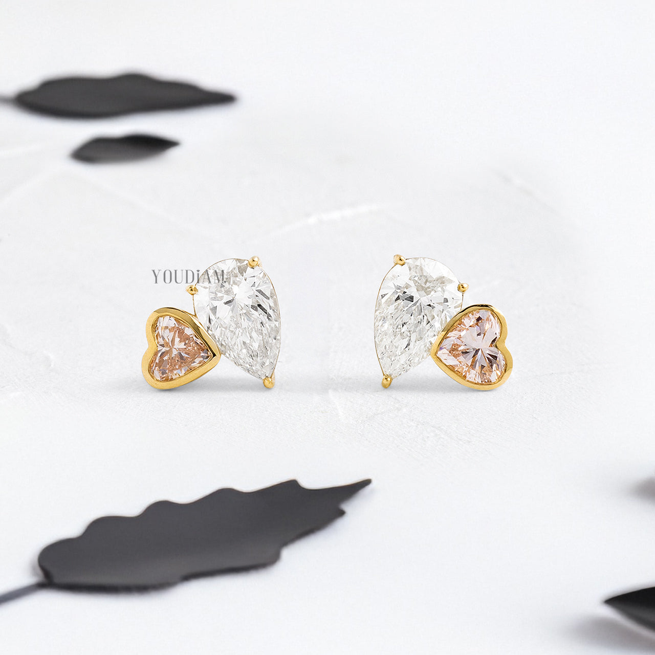 Pink Heart and White Pear Lab Diamond Studs in Overlap Style - YDJLE53