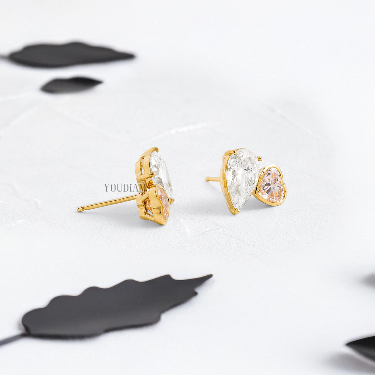 Pink Heart and White Pear Lab Diamond Studs in Overlap Style - YDJLE53