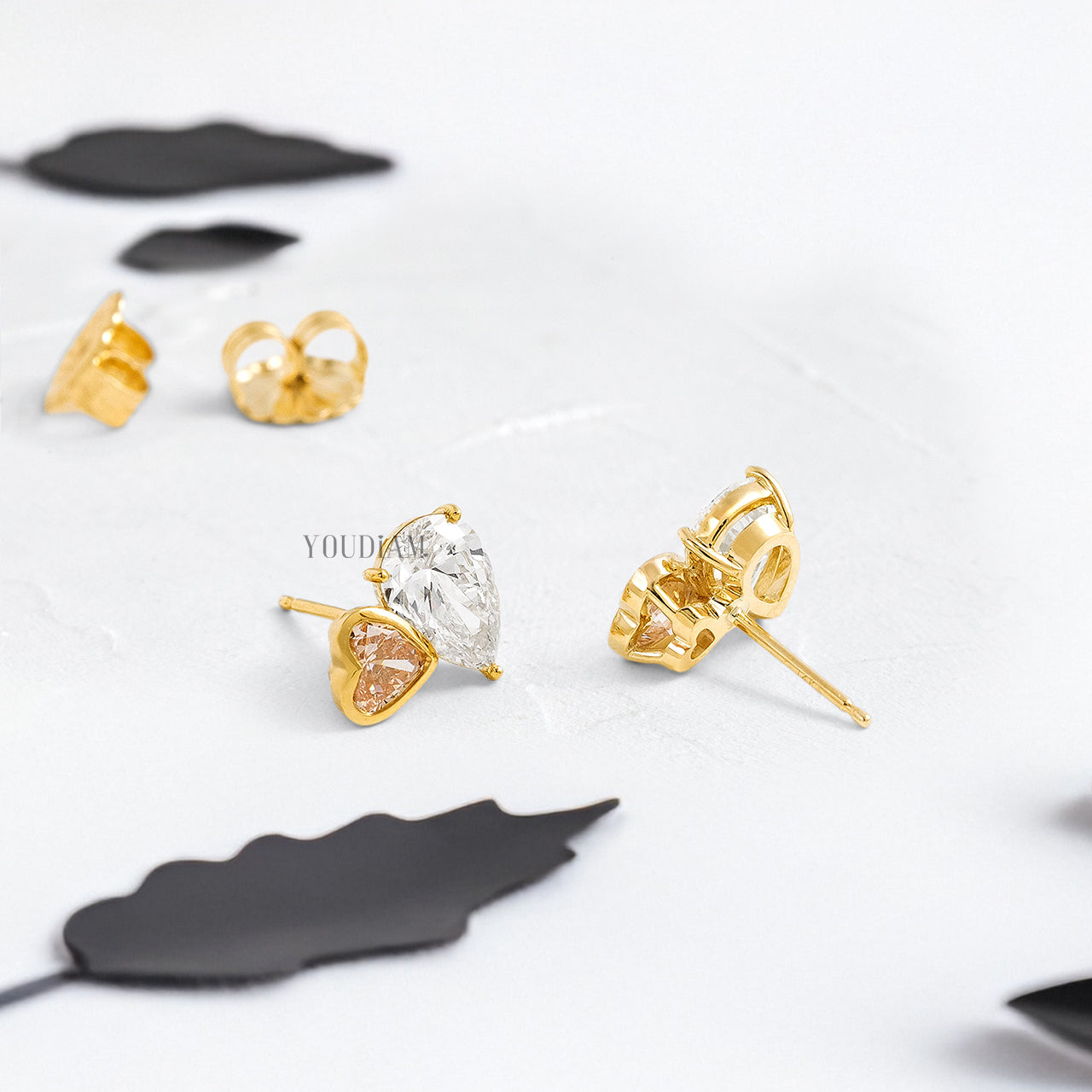 Pink Heart and White Pear Lab Diamond Studs in Overlap Style - YDJLE53