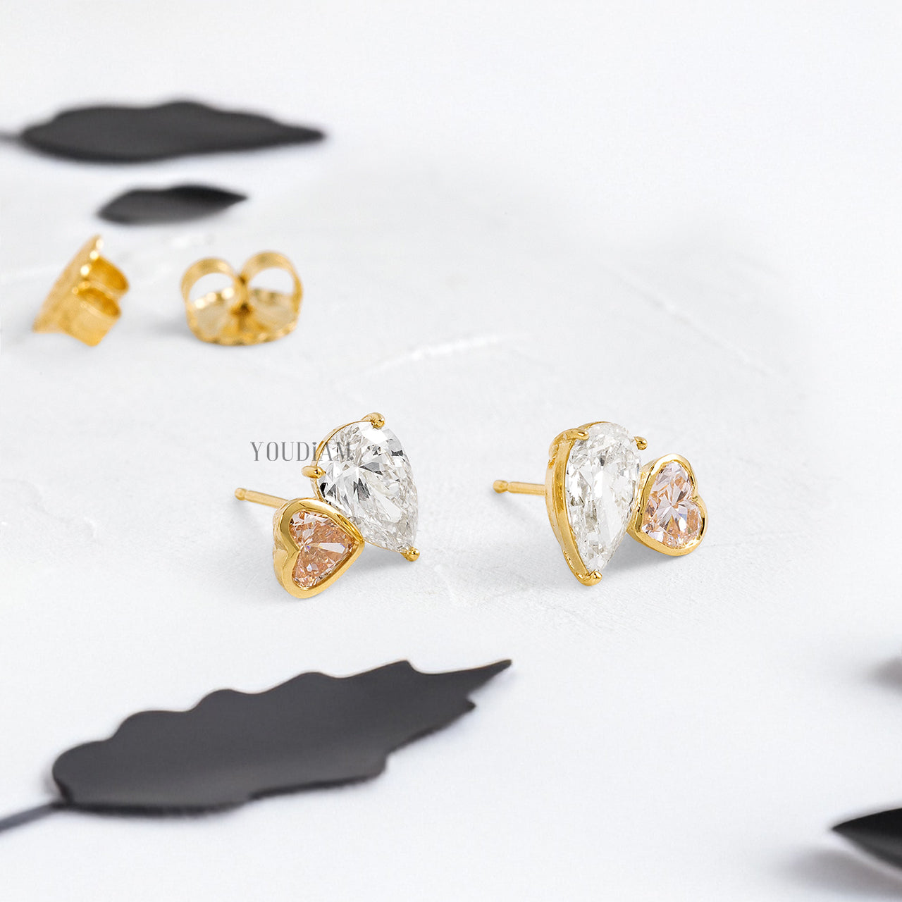 Pink Heart and White Pear Lab Diamond Studs in Overlap Style - YDJLE53