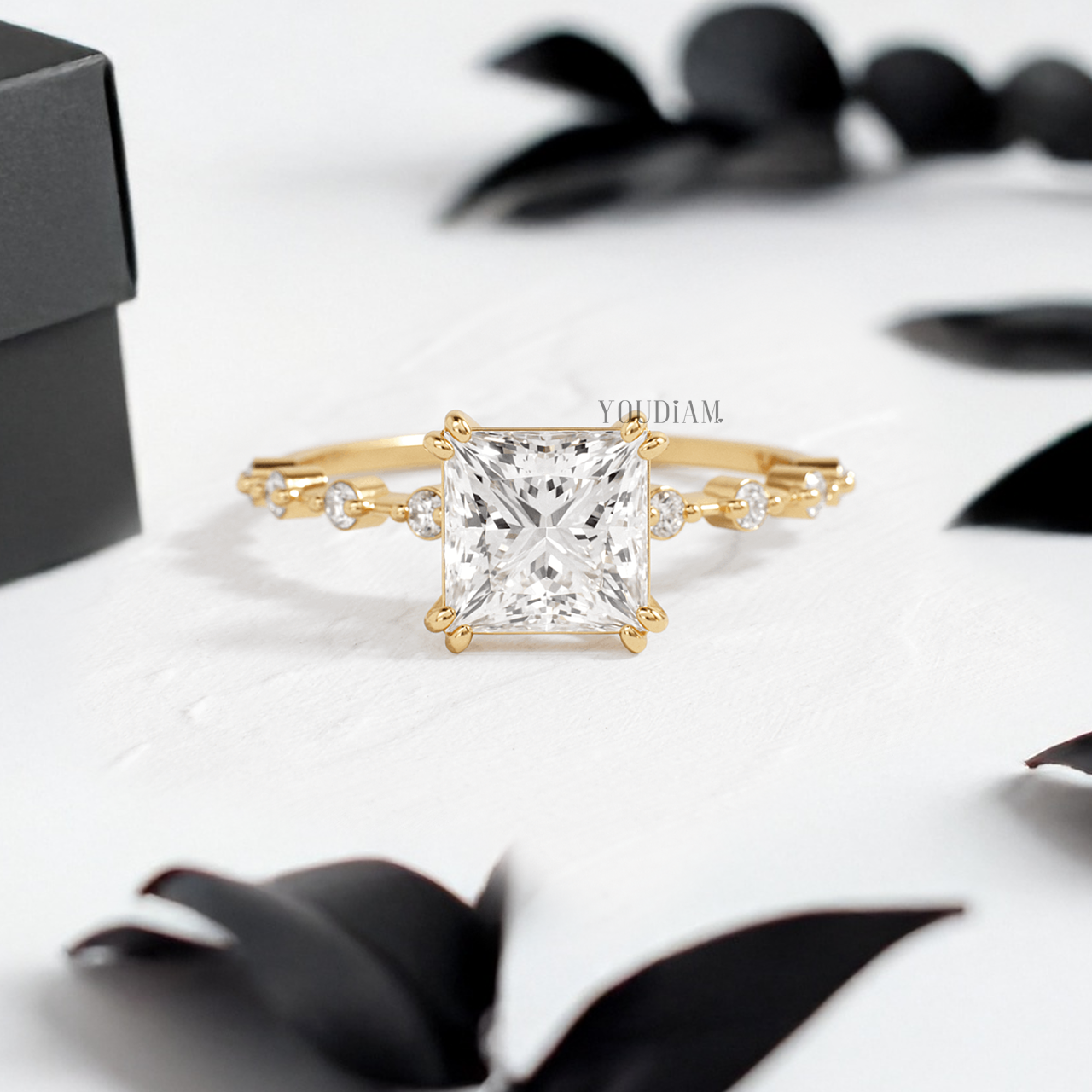 Princess Lab Diamond in Double-Prongs and Distance Diamonds on Band Ring - YDJLR147