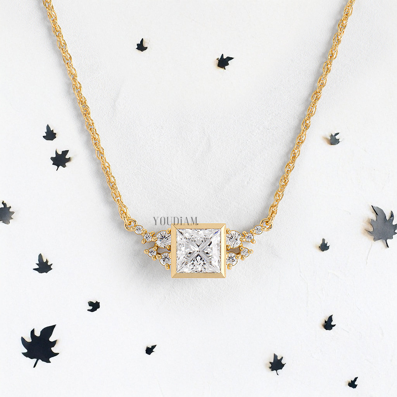 Princess Lab Diamond Pendant in Bezel Setting with Accent Diamonds and Anchor Chain - YDJLP41