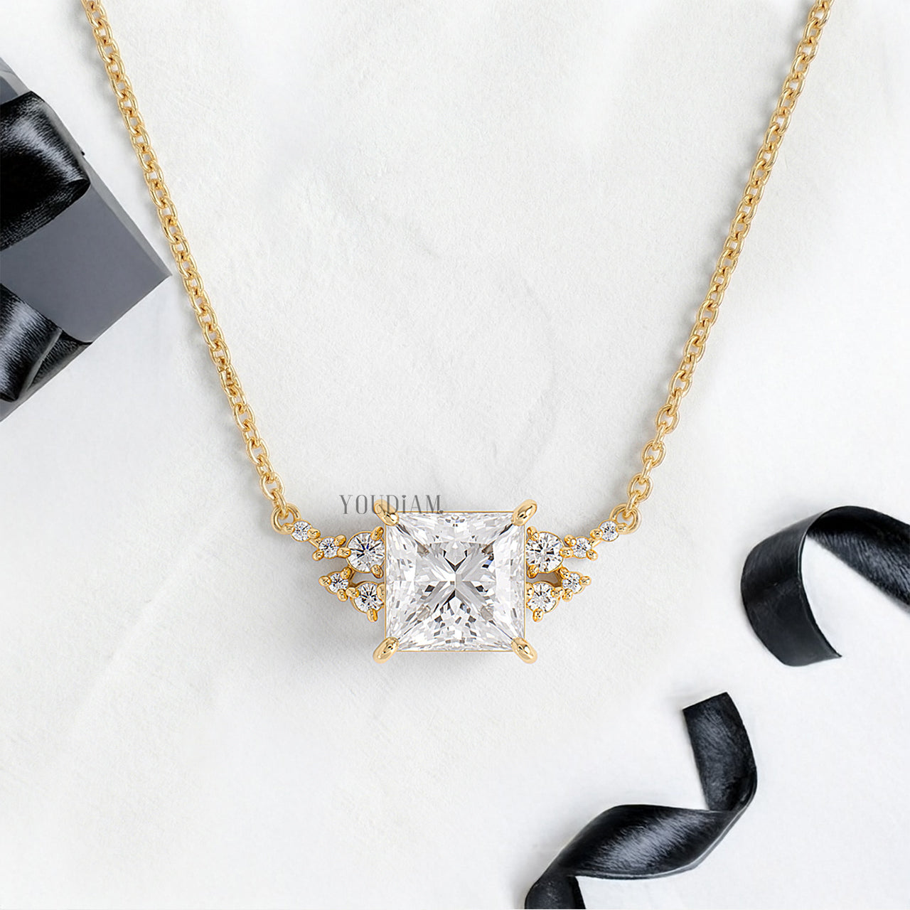 Princess Lab Diamond Pendant with Accent Diamonds and Anchor Chain - YDJLP33