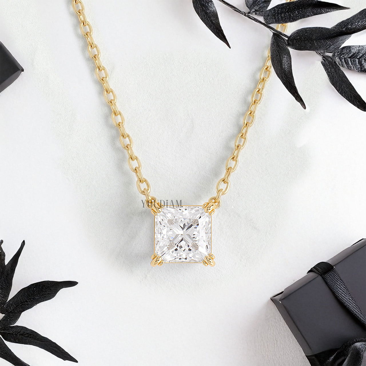Princess Lab Diamond Solitaire Pendant in Trio Prongs and Anchor Chain - YDJLP43