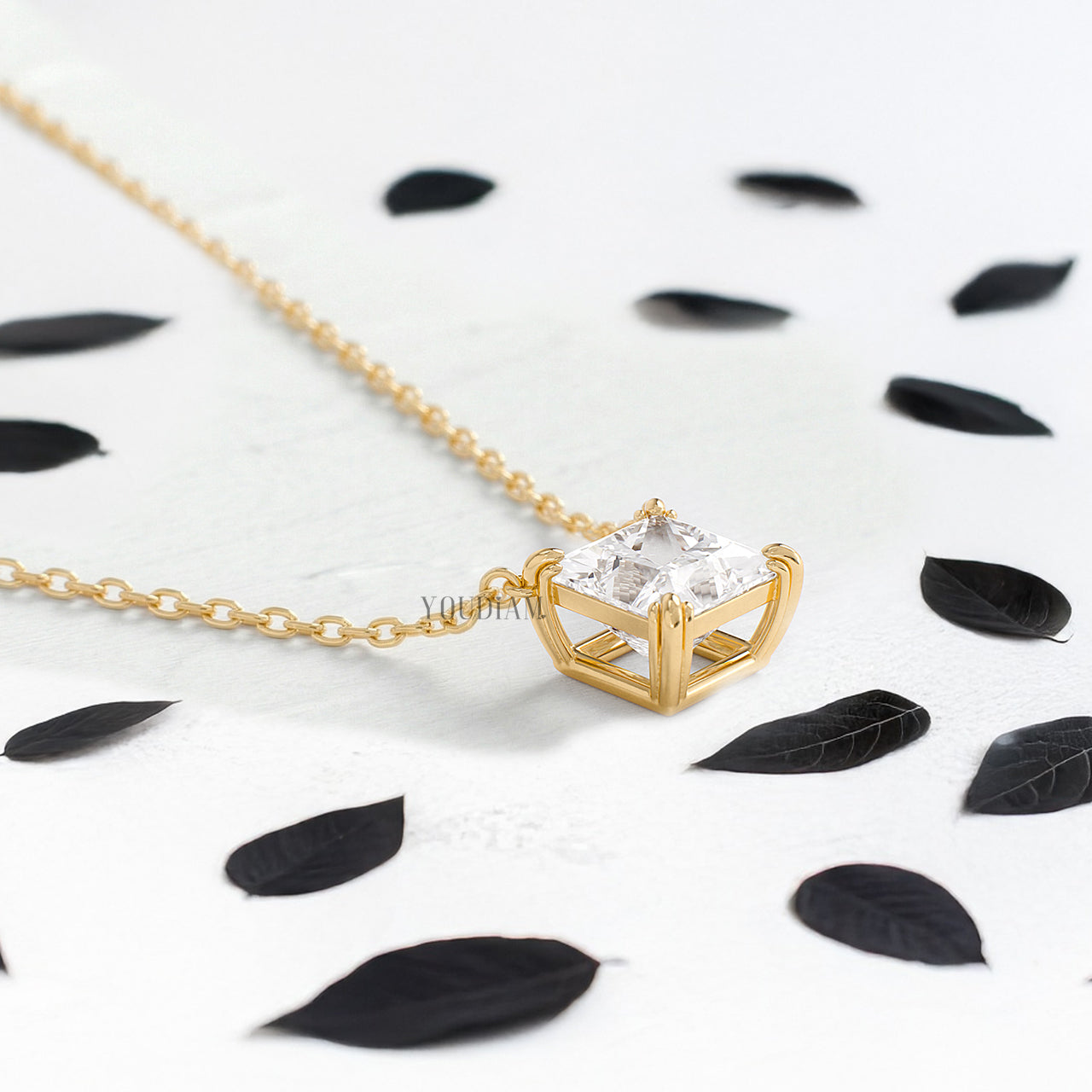Princess Lab Diamond Solitaire Pendant in Trio Prongs and Anchor Chain - YDJLP43