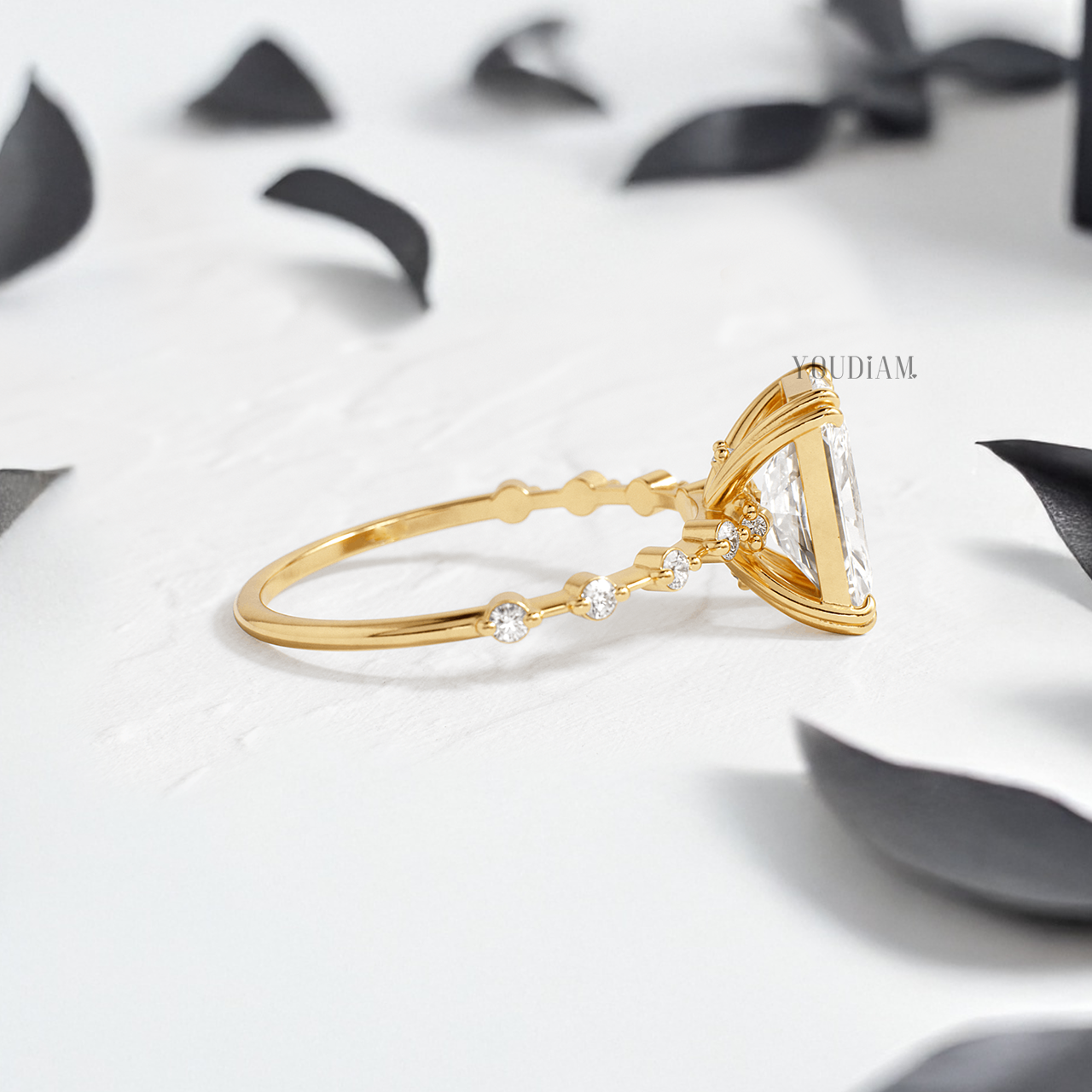 Radiant Lab Diamond in Double-Prongs and Distance Diamonds on Band Ring - YDJLR146
