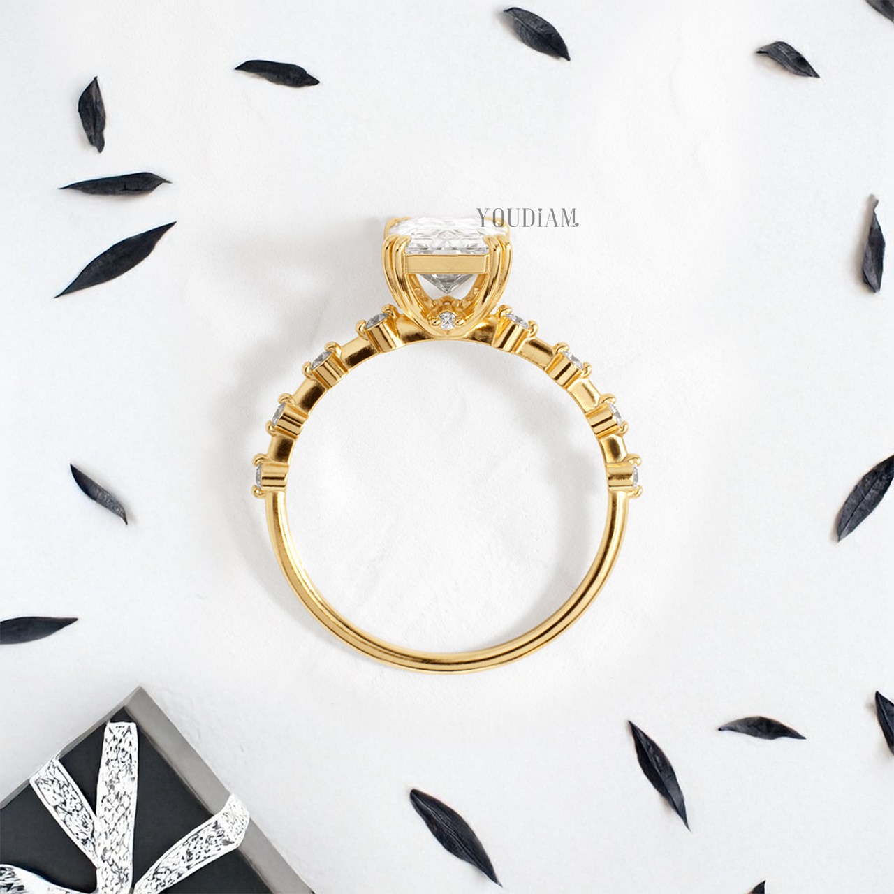 Radiant Lab Diamond in Double-Prongs and Distance Diamonds on Band Ring - YDJLR146