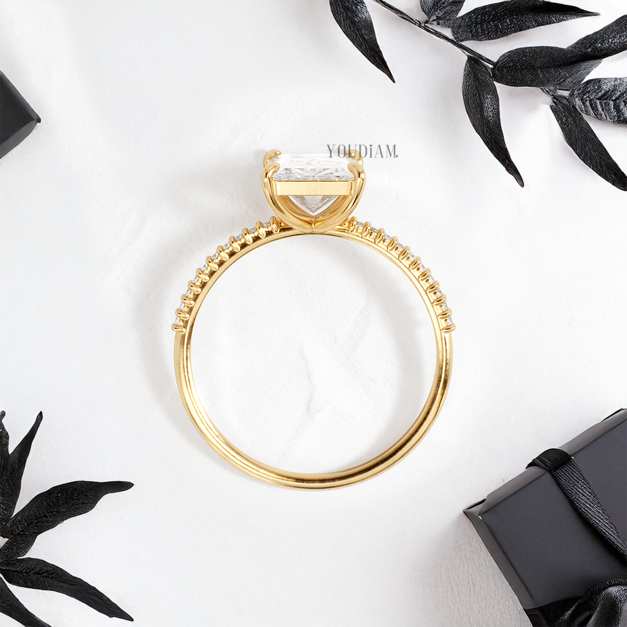 Radiant Lab Diamond with Pave Band Ring - YDJLR129