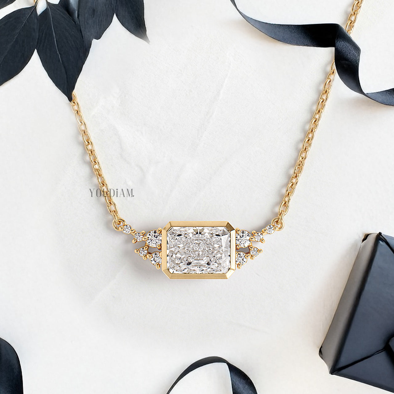 Radiant Lab Diamond Pendant in Bezel Setting with Accent Diamonds and Anchor Chain - YDJLP37
