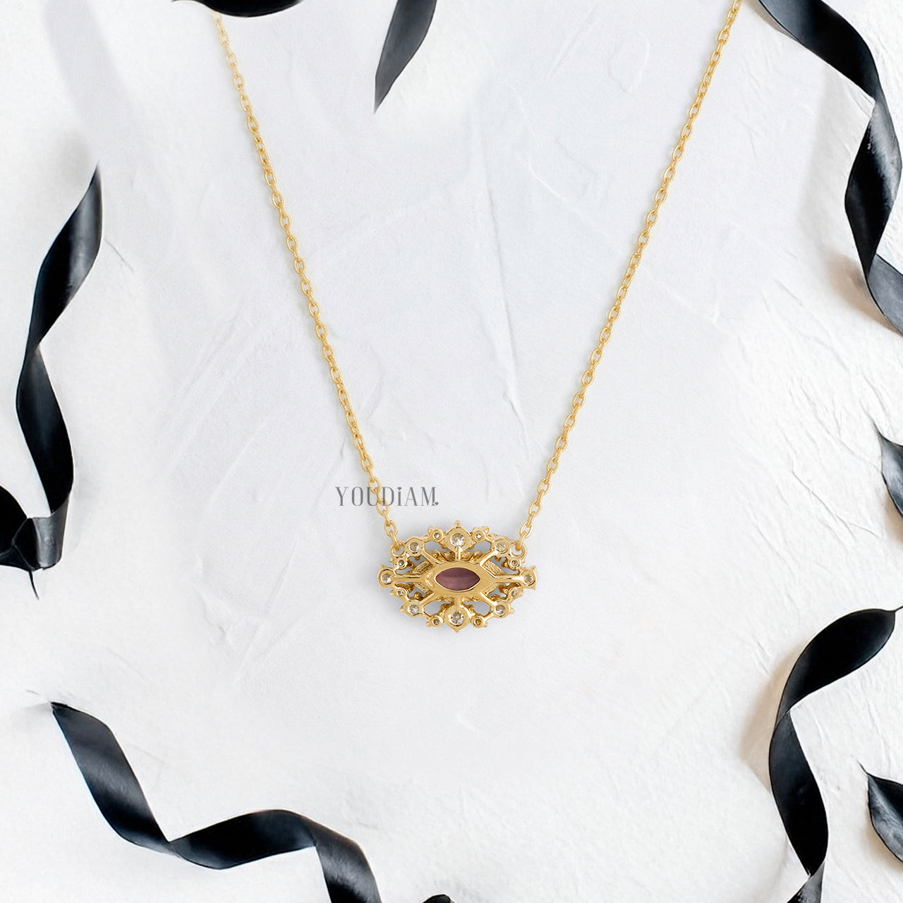 Red-Orange Marquise Cut Sapphire Pendant Accented by Halo of Lab Diamonds and Anchor Chain - YDJLP50