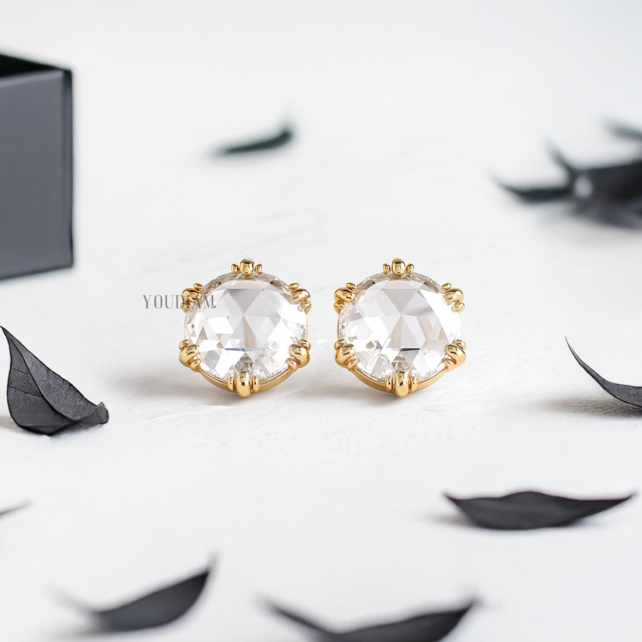 Rose Cut Round Diamond Stud Earrings in Six-Trio Prongs - YDJLE41