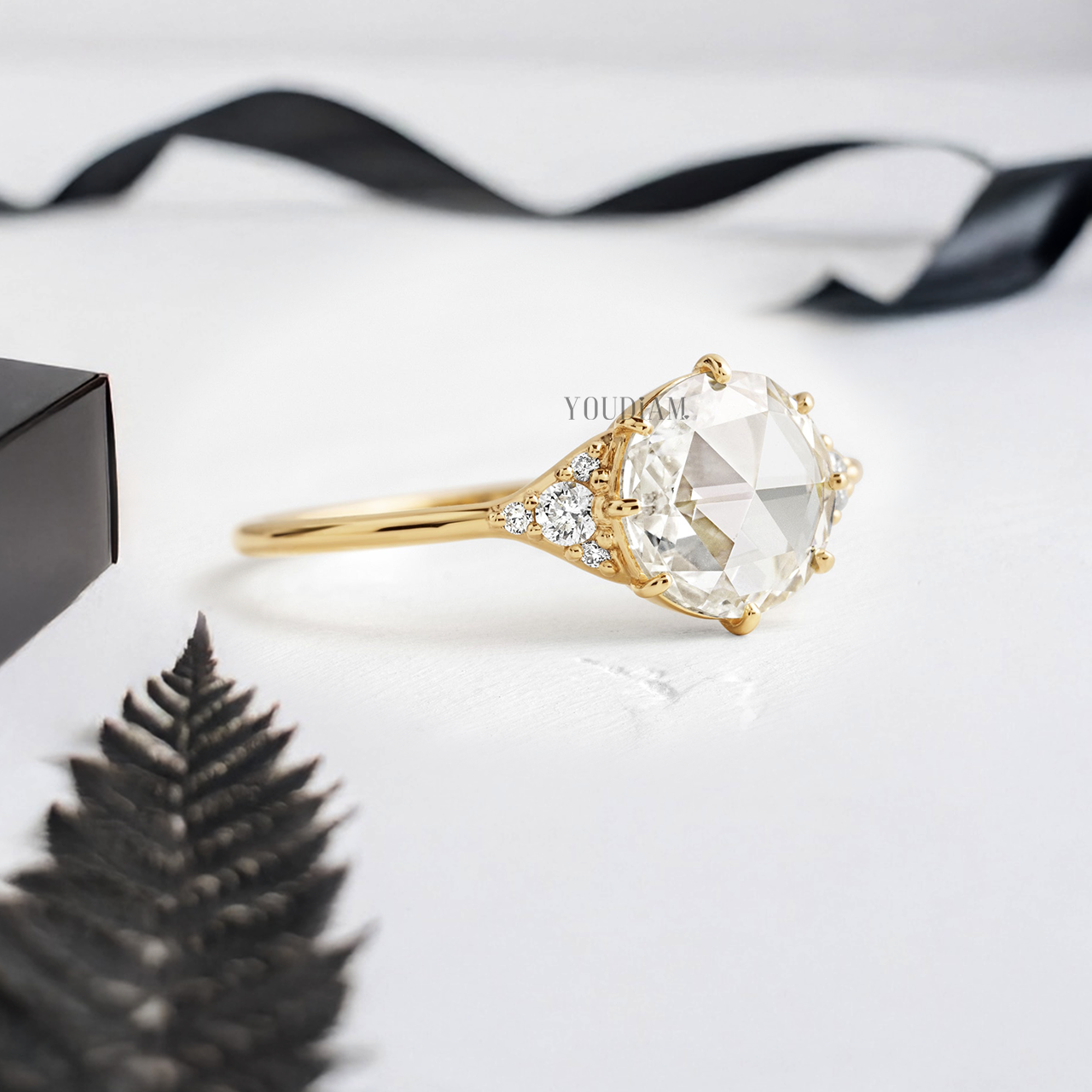 Rose Cut Round Lab Diamond in Closed Basket with Eight Prongs Ring - YDJLR134