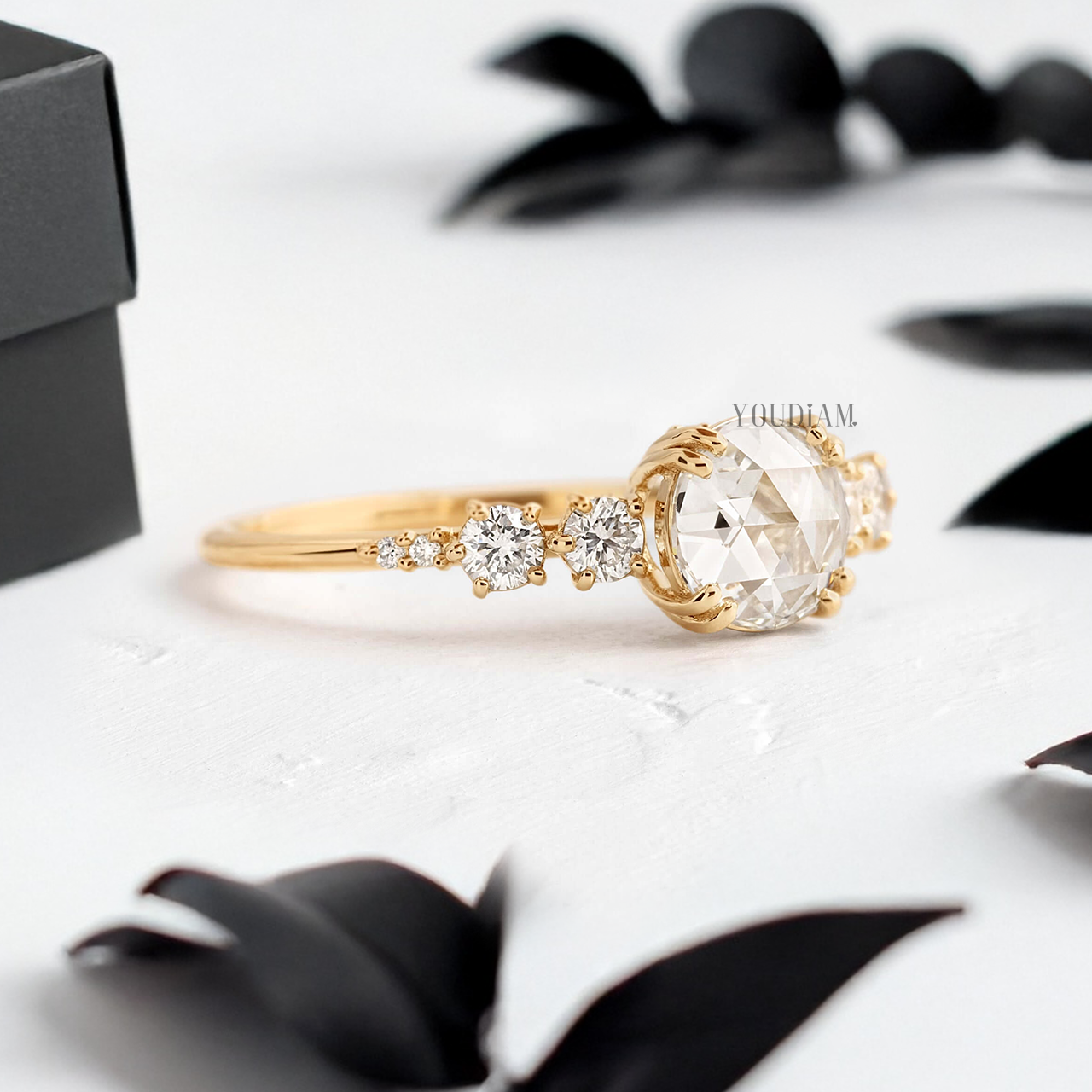Rose Cut Round Lab Diamond in Four-Double Prongs with Accented Diamonds Ring - YDJLR131