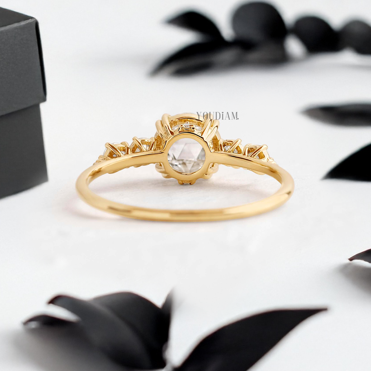 Rose Cut Round Lab Diamond in Four-Double Prongs with Accented Diamonds Ring - YDJLR131
