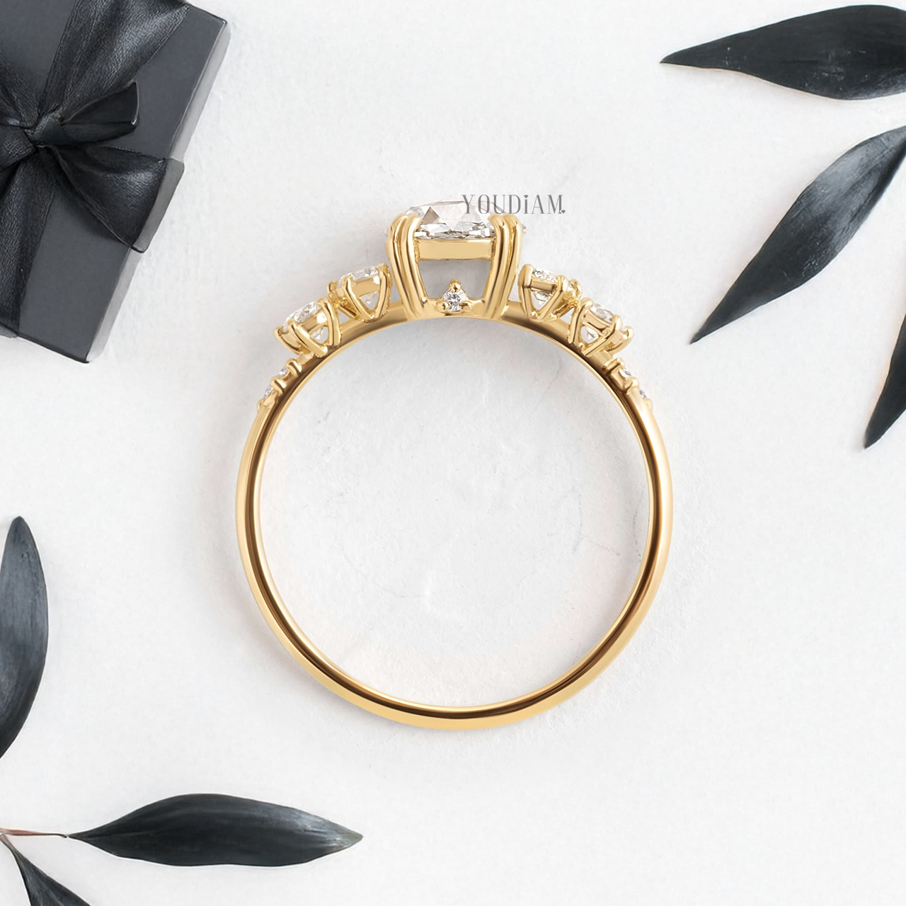 Rose Cut Round Lab Diamond in Four-Double Prongs with Accented Diamonds Ring - YDJLR131