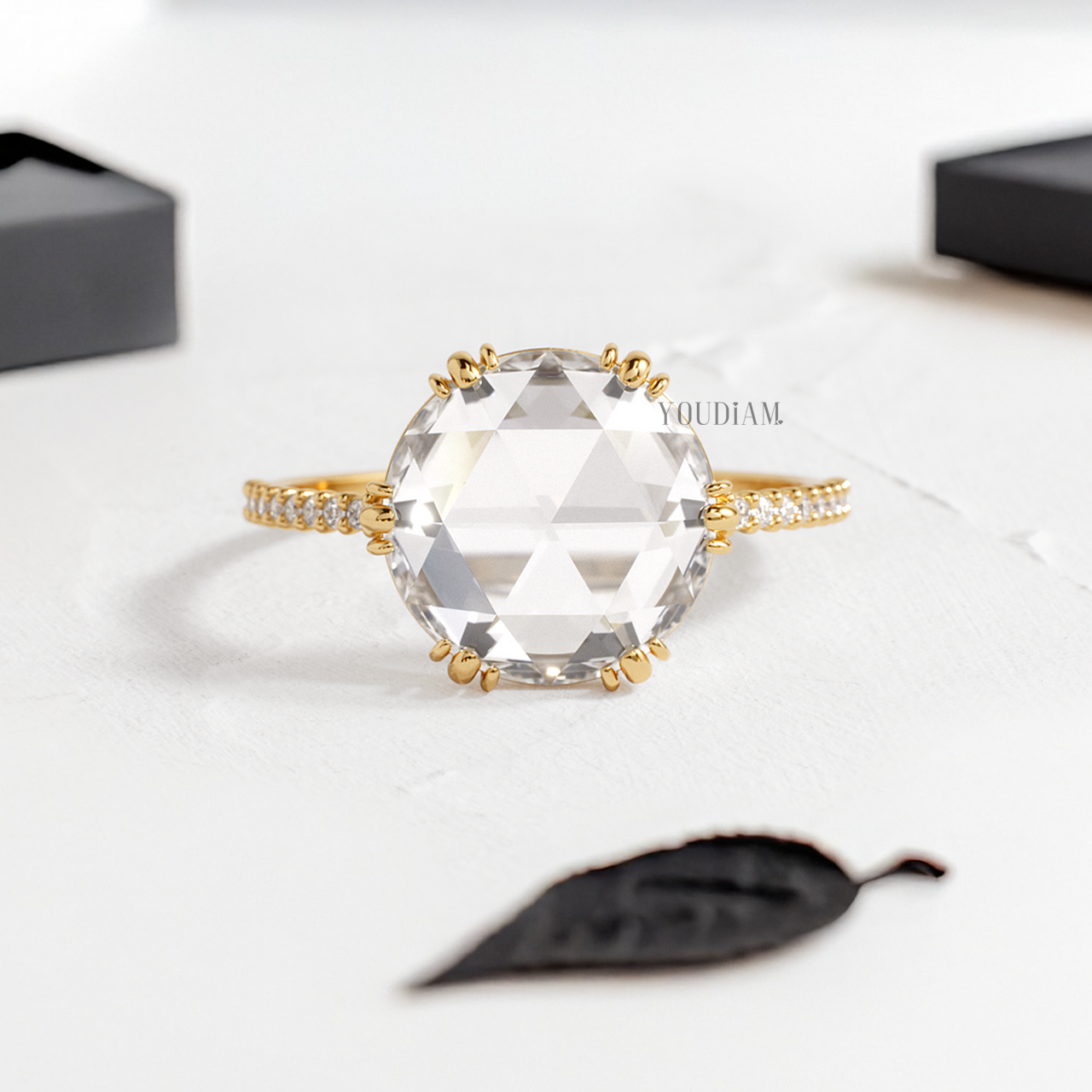 Rose Cut Round Lab Diamond in Six-Trio Prongs with Pave Band Ring - YDJLR157