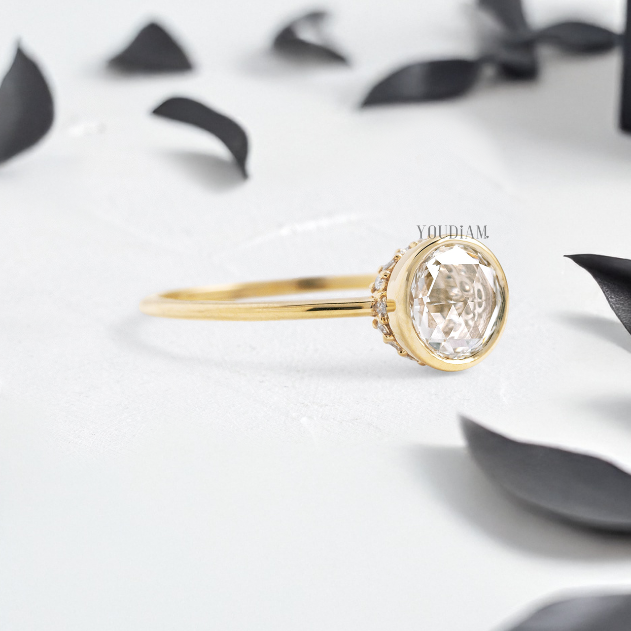 Rose Cut Round Lab Diamond with Hidden Halo in Bezel Setting Ring - YDJLR153