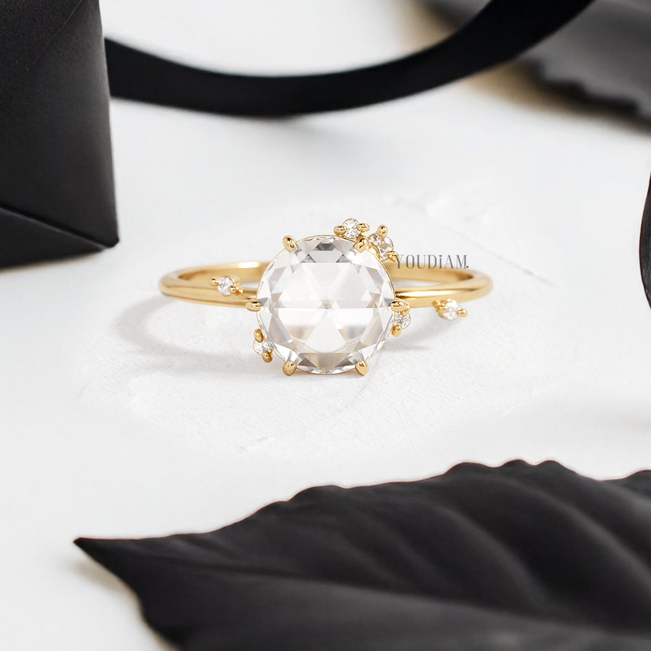 Rose Cut Round Lab Diamond with Scattered Accent Diamonds Ring - YDJLR143