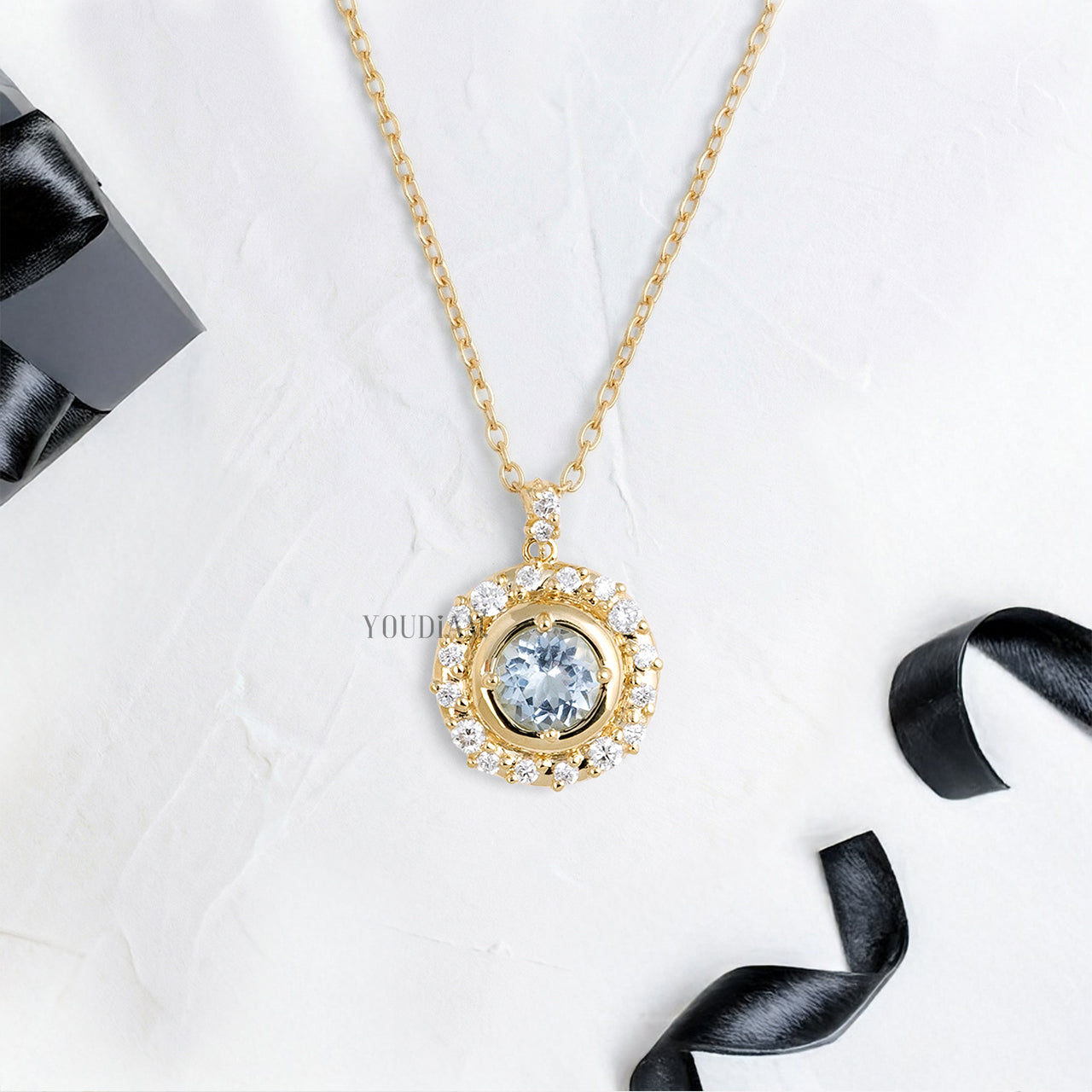 Round Cut Aquamarine Gemstone with Lab Diamonds Pendant and Anchor Chain - YDJLP67