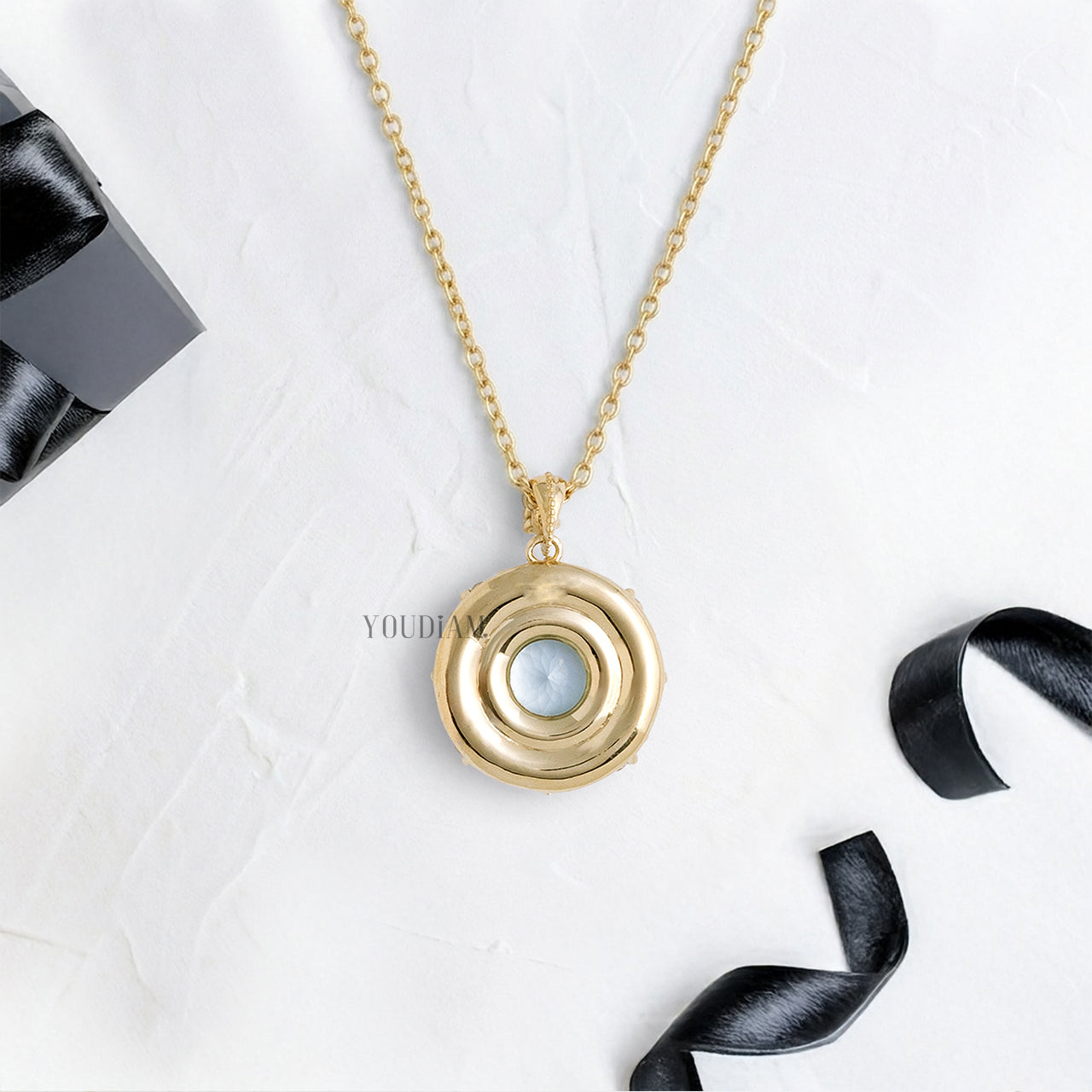 Round Cut Aquamarine Gemstone with Lab Diamonds Pendant and Anchor Chain - YDJLP67
