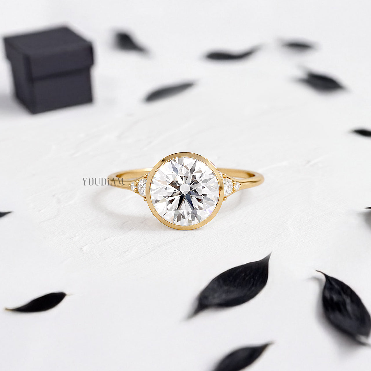 Round Lab Diamond in Bezel Setting with Accented Diamonds on Band Ring - YDJLR195