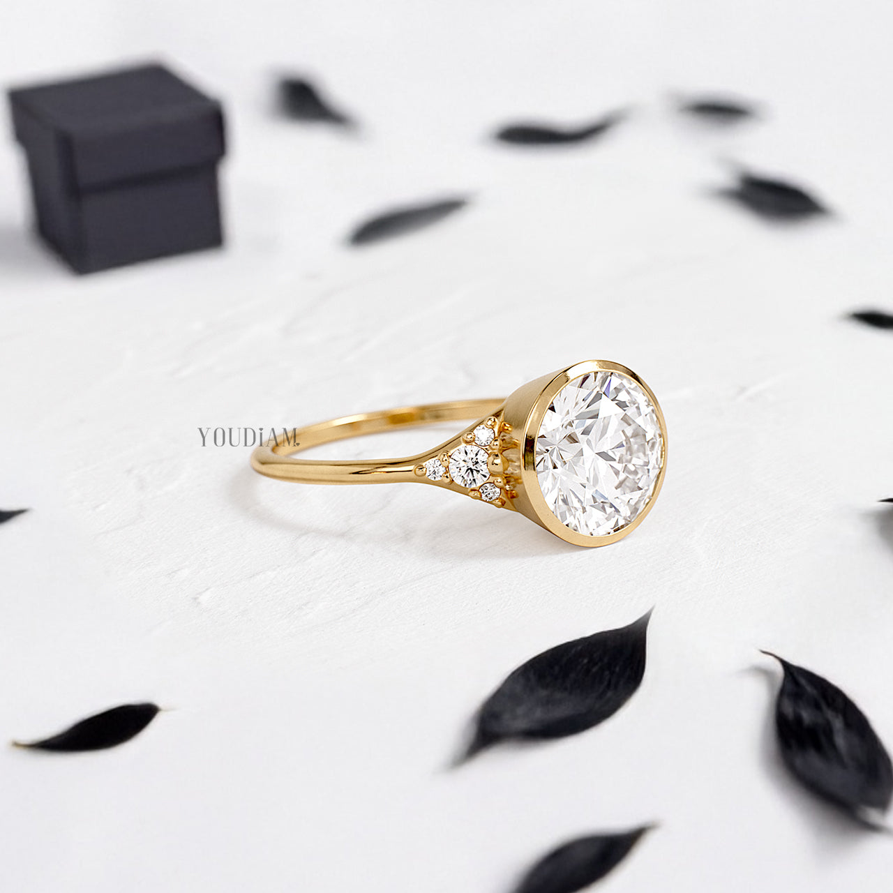 Round Lab Diamond in Bezel Setting with Accented Diamonds on Band Ring - YDJLR195